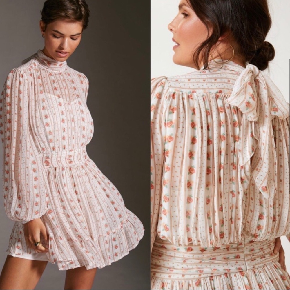 Anthropologie Let Me Be Pink Floral Combo Tie Mockneck Sheer Minidress with Slip - Picture 2 of 8